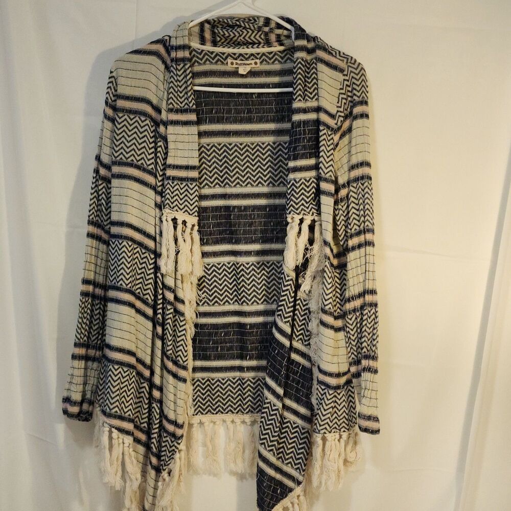 Cardigan Sweater Ruff Hewn Open Front Southwestern Print Tassel Fringe Sz Sm
